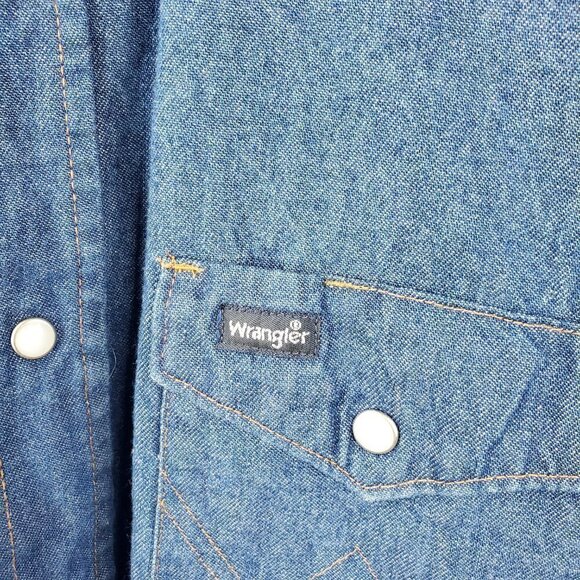 WRANGLER Denim Pearl Snap Western Workwear Shirt Blue Cotton Cowgirl (C-2) - Picture 9 of 9